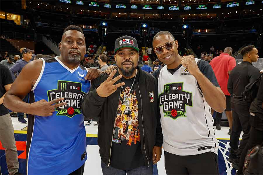 Captain Big Daddy Kane of Team Webull, Coach Ice Cube of Team Webull and Captain Doug E. Fresh of Team Prize Picks attend the Monster Energy BIG3 Celebrity Game at Capital One Arena on August 19, 2023 in Washington, DC